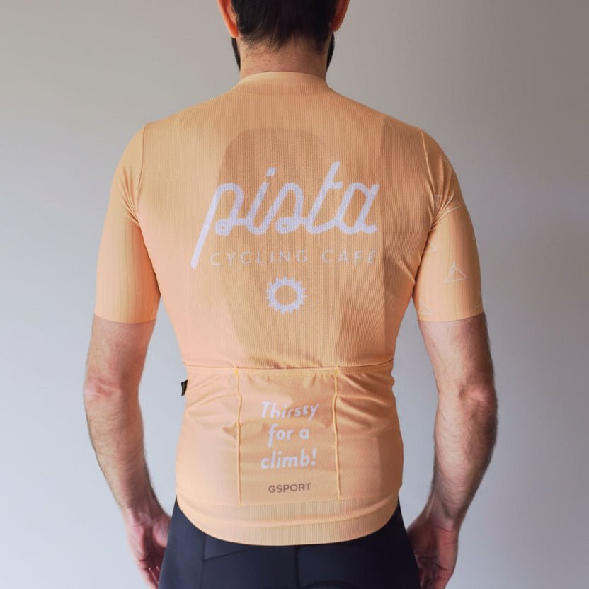 Jersey Gold 'Thirsty for a Climb!' - Maillot Cyclisme pour les Grimpeur.es | Pista - boutique.pista.cc